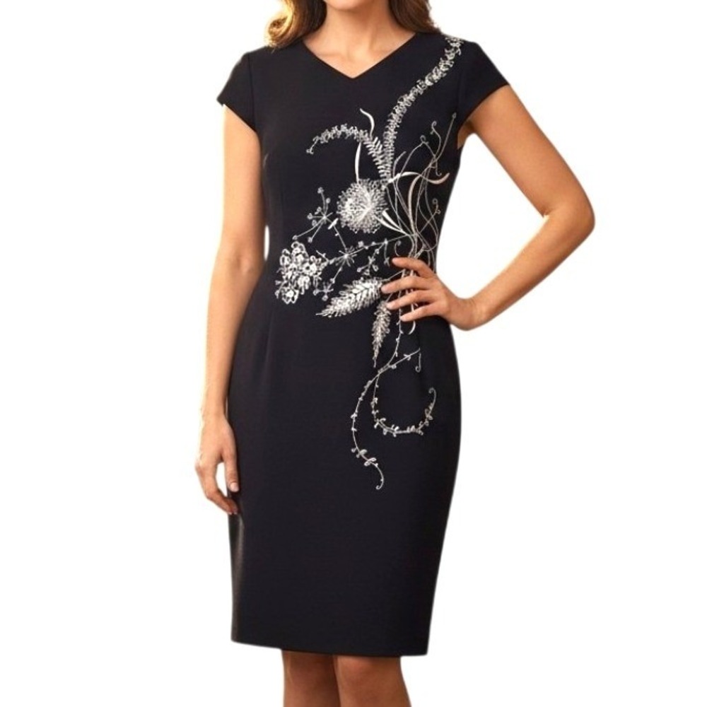 Maggy London Petites‎ Black Floral Embroidered V-Neck Sheath Dress Size 10P